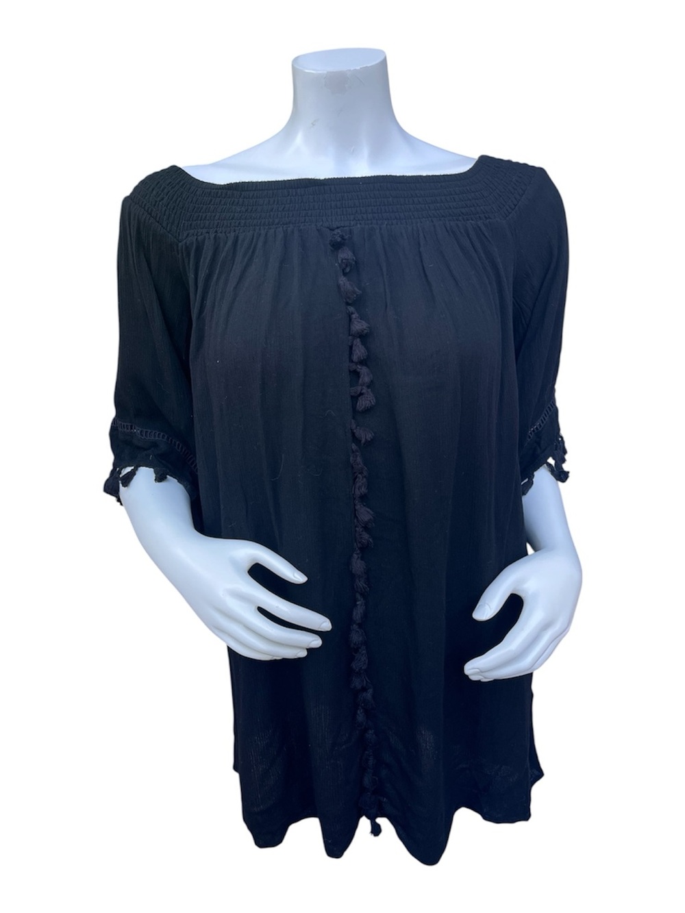 Love Fire Black Boho Tunic Top w/ Tassel Fringe & Trumpet Sleeves Size Women’s M